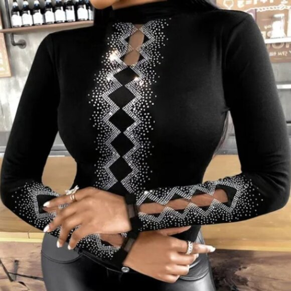 Black Studded Mesh Top - Picture 1 of 3